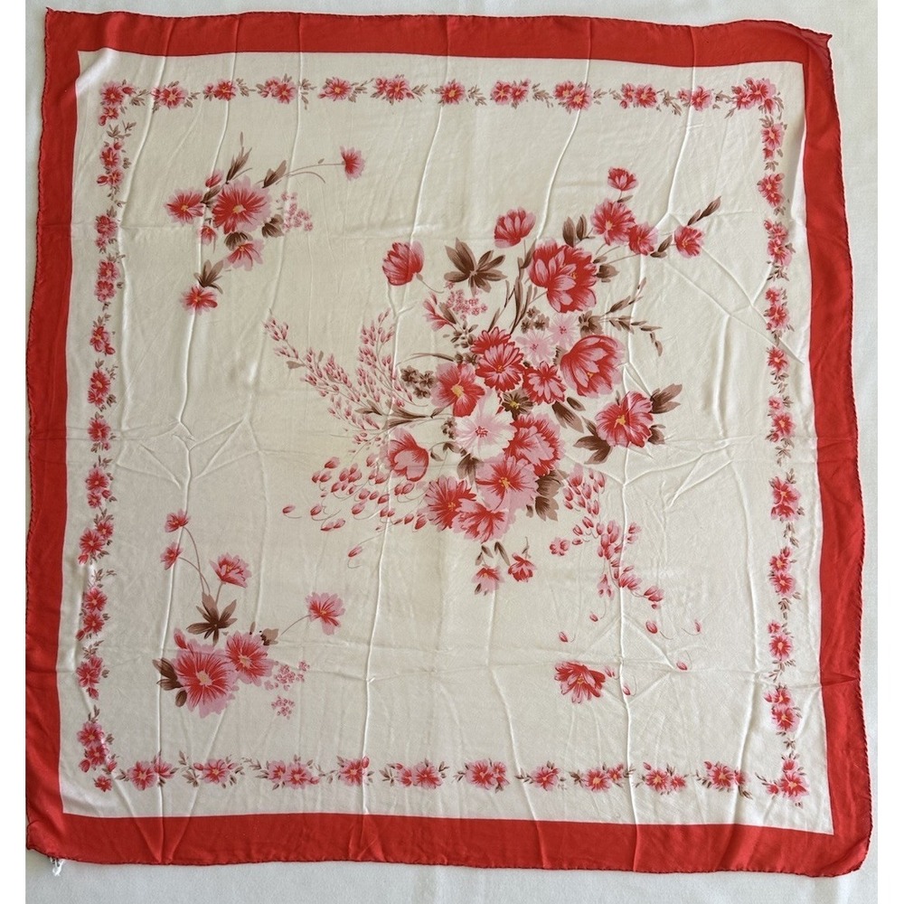 Vtg Silk Scarf Hand Rolled Hem Hand Printed Floral China‎ 27.5x30 Double Peach - Picture 16 of 16